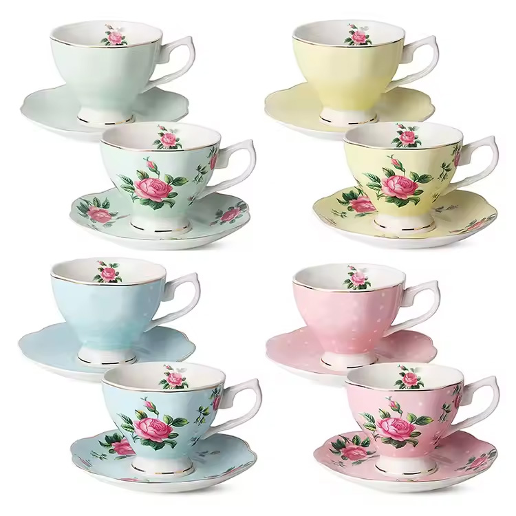 Bone China Floral Latte Multi-Color-Teetassen und Untertassen-Sets